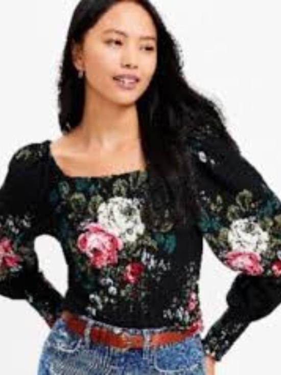 LOFT Tops - LOFT Black Floral Rose Print Peasant Blouse Large Long Sleeve Smocked Cuff Top